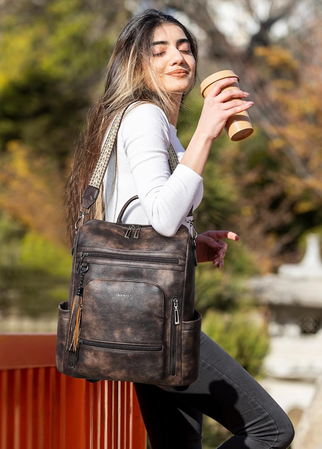 Shrrie Vegan Leather Laptop Backpack for Women 15.6 Inch Work Backpack Fashion Travel Backpack Purse for Business College - Nubuck Brown image number 7