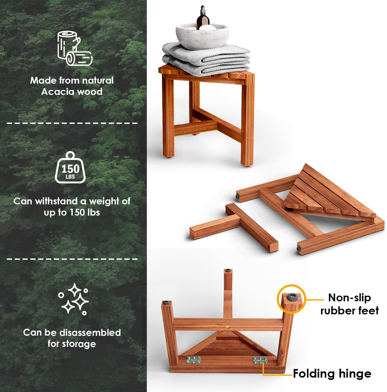 HOLANA 12" Acacia Small Shower Stool - Foot Rest for Shower to Shave Legs - Shower Ledge for Shaving - Crossbar Corner Shower Benches for inside Shower - Bath Step Stools Bench for Bathroom image number 5