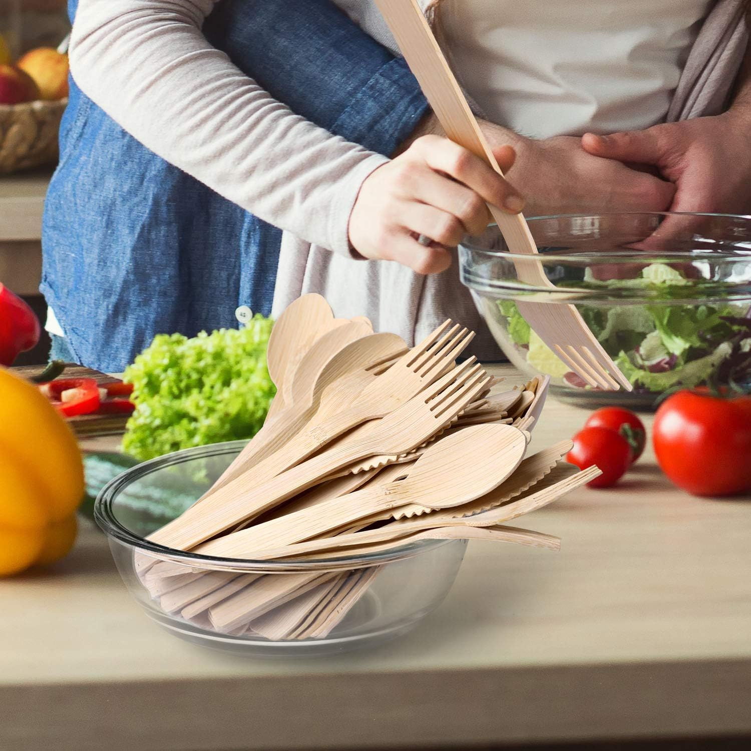 Bamboo Disposable Utensils (200PK: 80 Forks 80 Spoons 40 Knives) Compostable Eco Friendly Natural Biodegradable Bamboo Utensil/Cutlery Set Disposable Forks Knives and Spoons Set image number 2