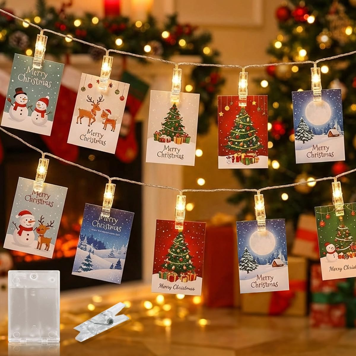Fairy Lights 10 M 100 LED Photo String with 50 Clips Battery Powered Waterproof Timer for Bedroom Christmas Diwali Wedding Party Decorations Warm White (Cards Are Not Included) image number 1