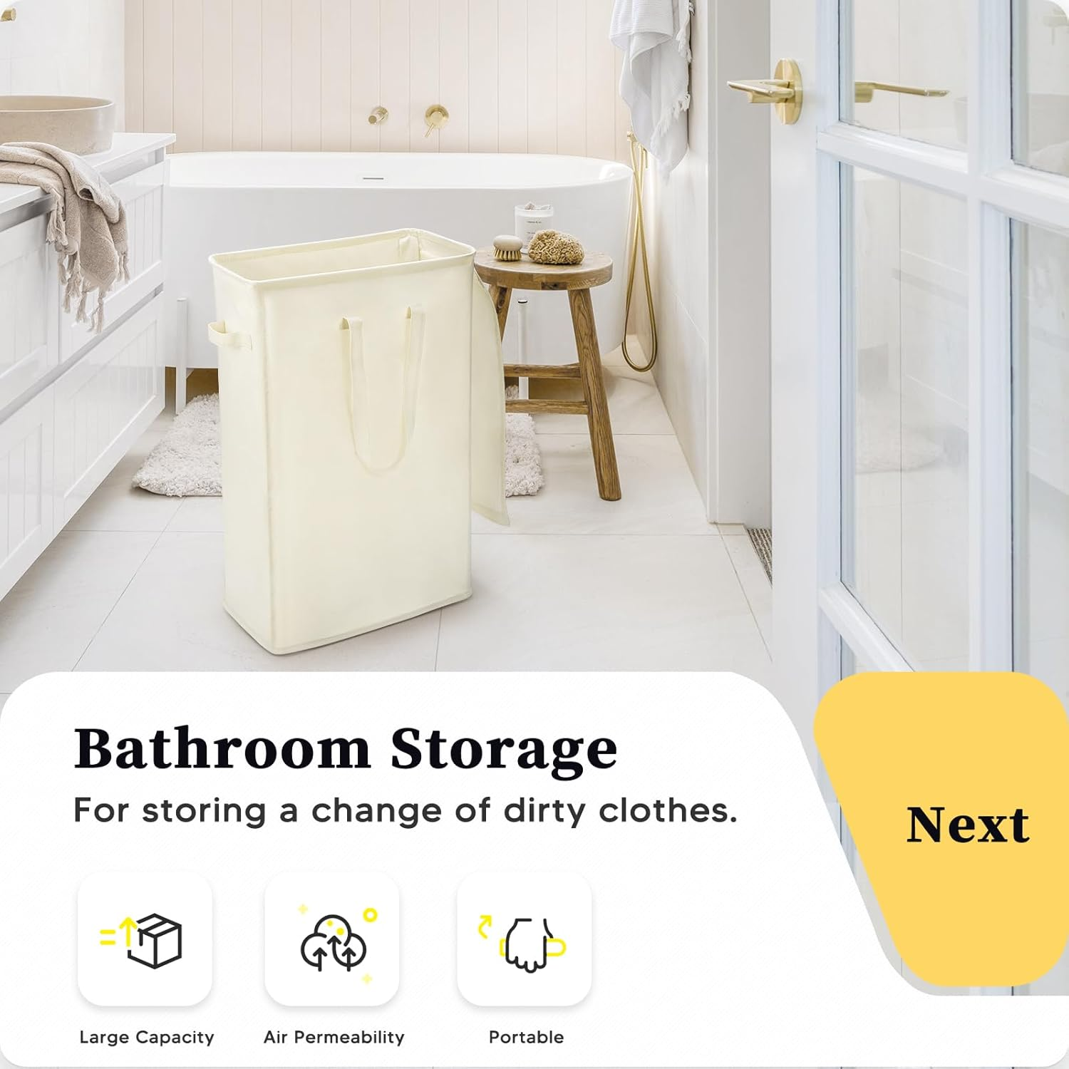 Rieeyrslza Slim Laundry Hamper with Lid 55L Thin Dirty Clothes Basket with Long Handle, Narrow Laundry Bag, Foldable Dirty Hamper, Narrow Dirty Clothes Hamper for Closet and Bathroom, Beige