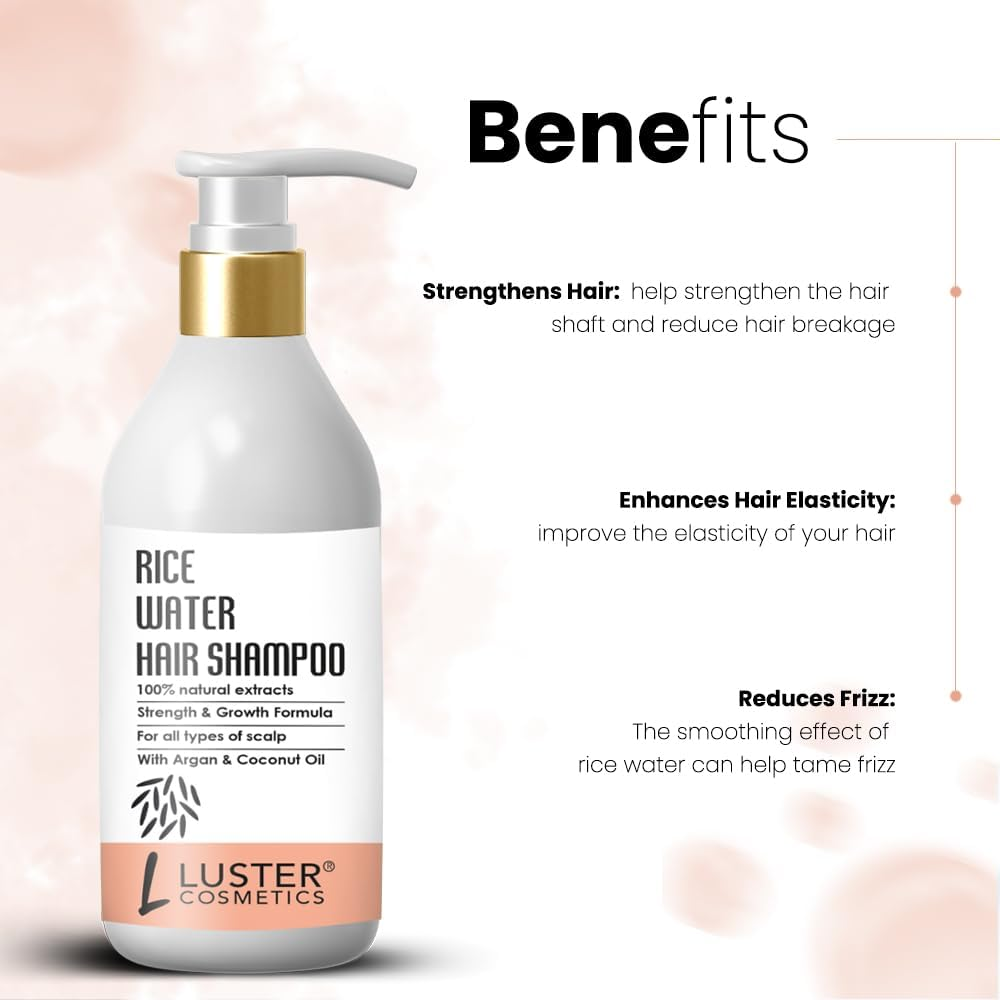 Luster Cosmetics Rice Water Hair Shampoo | Enriched with Argan & Coconut Oil | for All Types of Scalp | Helps Hair Strength & Growth | Shampoo for Dry & Frizzy Hair | No Paraben & Sulfate - 300Ml image number 2