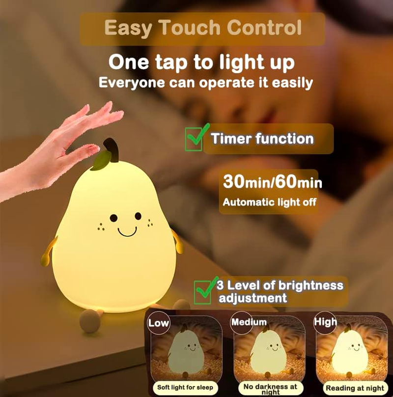 LADWOKFI Silicone Night Light Lamp Cute Pear USB 1200Mah Rechargeable Lights Bedroom with Timing Function 7 Color Dimmable Night Light Nightlights for Kids Adult Room/Bedroom Gift image number 4