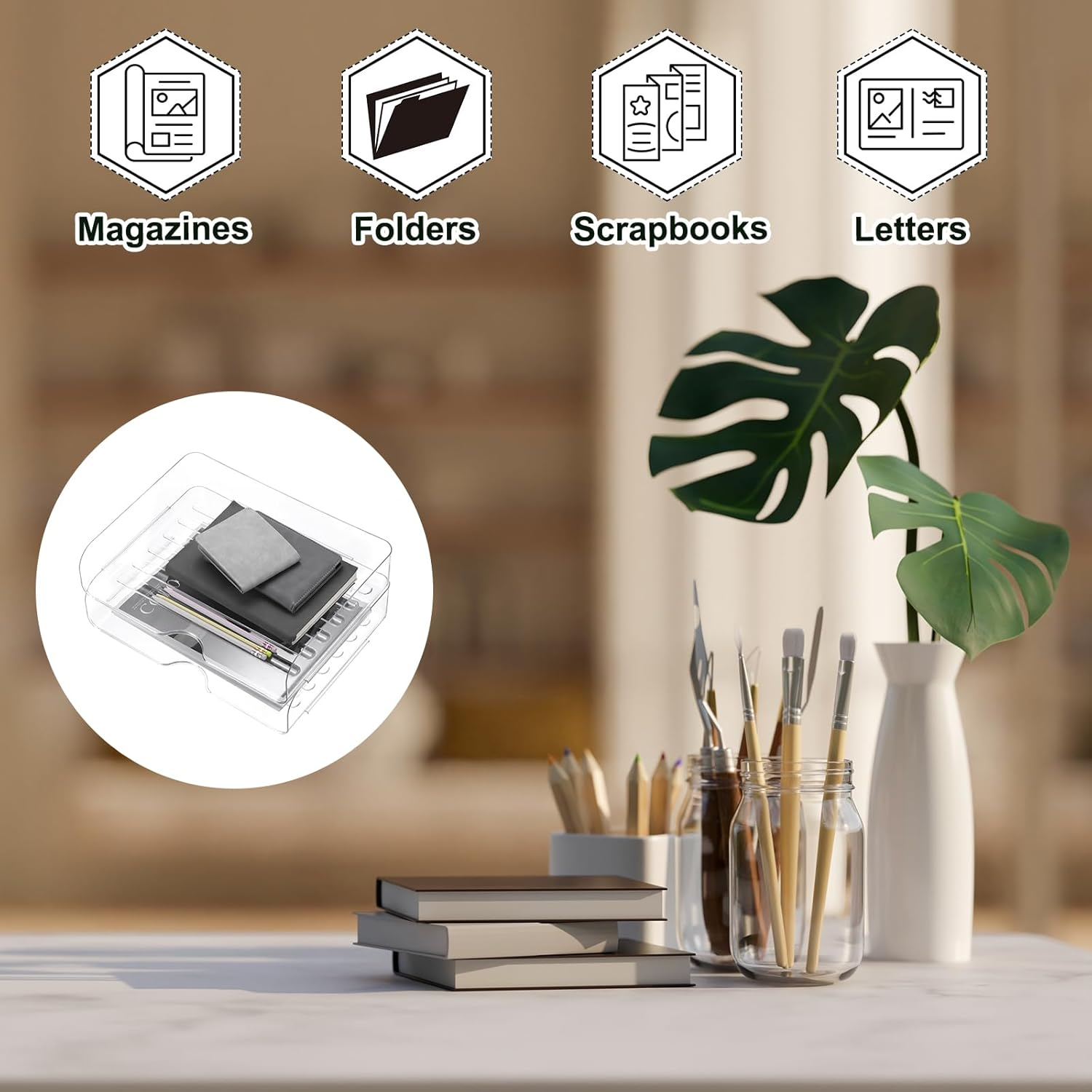 Uxcell 13"X9.8"X2.9" Stackable Letter Tray, 2-Tier Paper Organizer Rectangular Plastic Desk Organizer Accessories File Holder for Office Desk Drawers Paper Storage, Clear image number 2