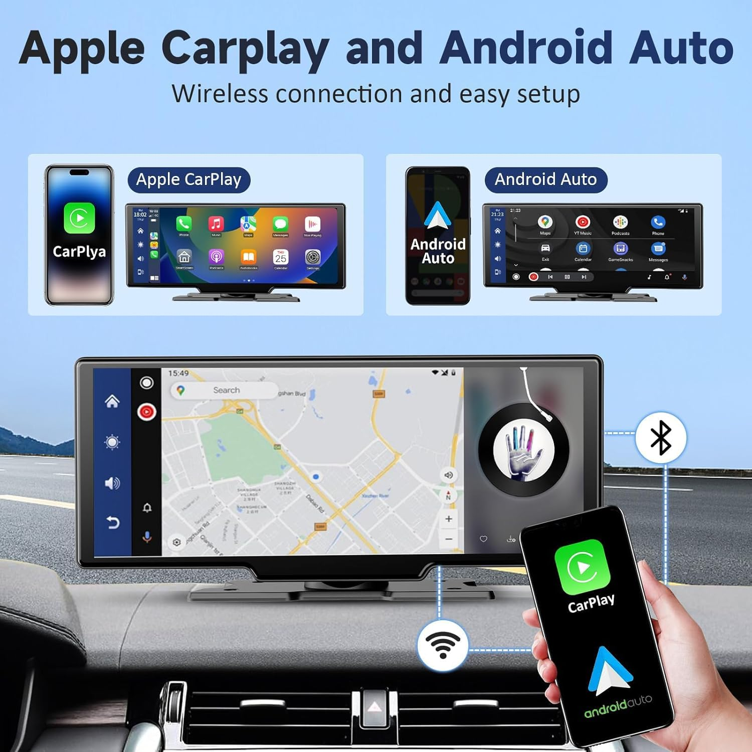 10.26'' Wireless Portable Carplay Screen for Car, Carplay & Android Auto Car Touch Stereo, with 4K Dash Cam, Backup Camera,Bluetooth, Voice Control, GPS Navigation (10.26Inch with 64GB TF Card)