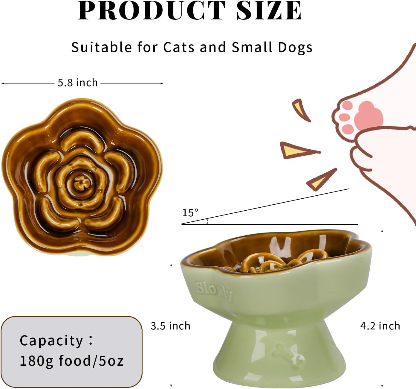S&Q'S Ceramics Raised Slow Feeder Cat Bowl, Ceramic Elevated Cute Pet Food Bowl Small Dogs Slow Feeder, Flower Shaped Cute Cat Dish for Dry and Wet Food (Brown, 5.8") - Blue image number 7