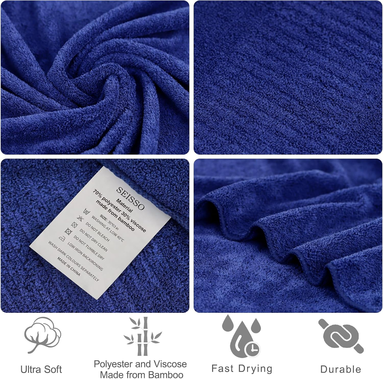 SEISSO Pack of 2 Bath Towel, Premium Bamboo Fibre Bath Sheets 90 X 160Cm, Super Soft, Highly Absorbent and Quick Dry Bath Sheet, Use for Hotel, Spa, Bathroom, Sports Towels, Yoga Towel, Dark Blue
