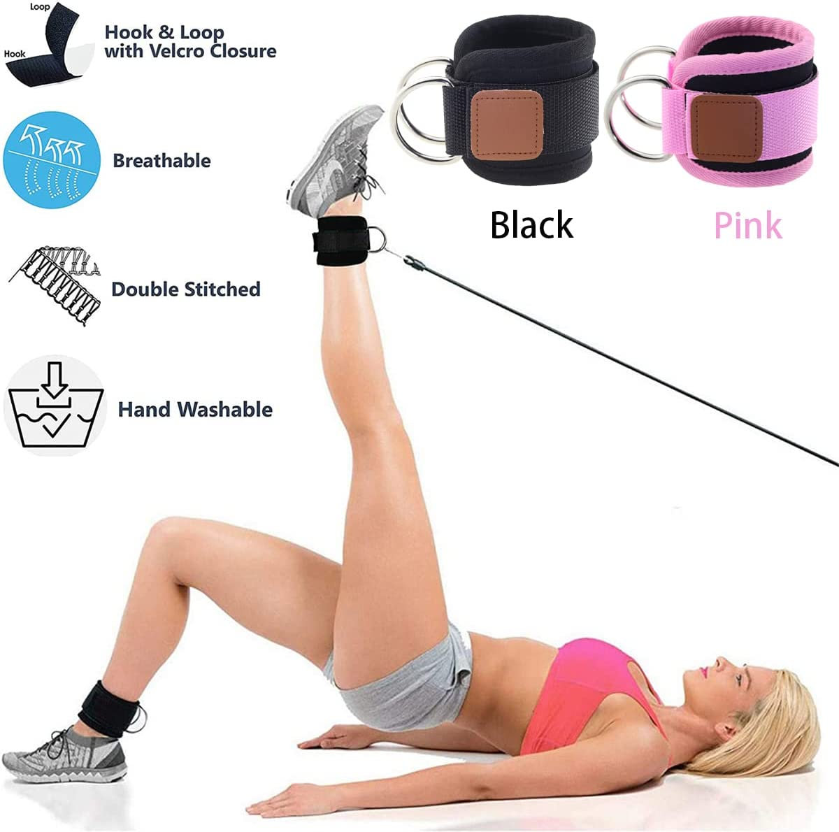 Ginojex Ankle Straps for Gym Cable Machine Leg Extension Kickbacks Exercises Double D-Rings Comfort Fit Neoprene Adjustable - Single Pink image number 3