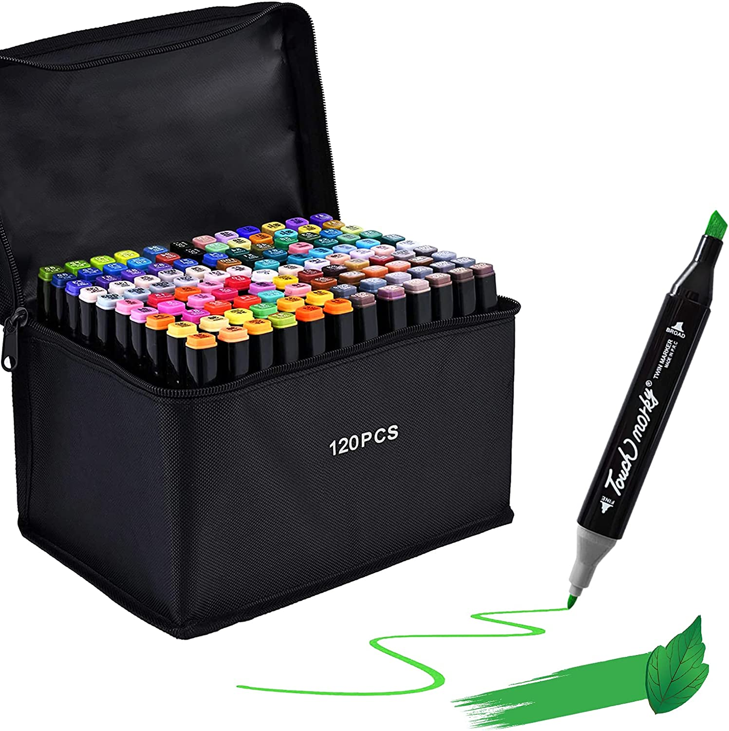 120 Colors Dual Tips Art Twin Sketch Markers,Pioghax Permanent Alcohol Brush Markers Set Coloring Art Markers with Case for Sketching, Adult Coloring Books and Illustration&hellip; image number 1