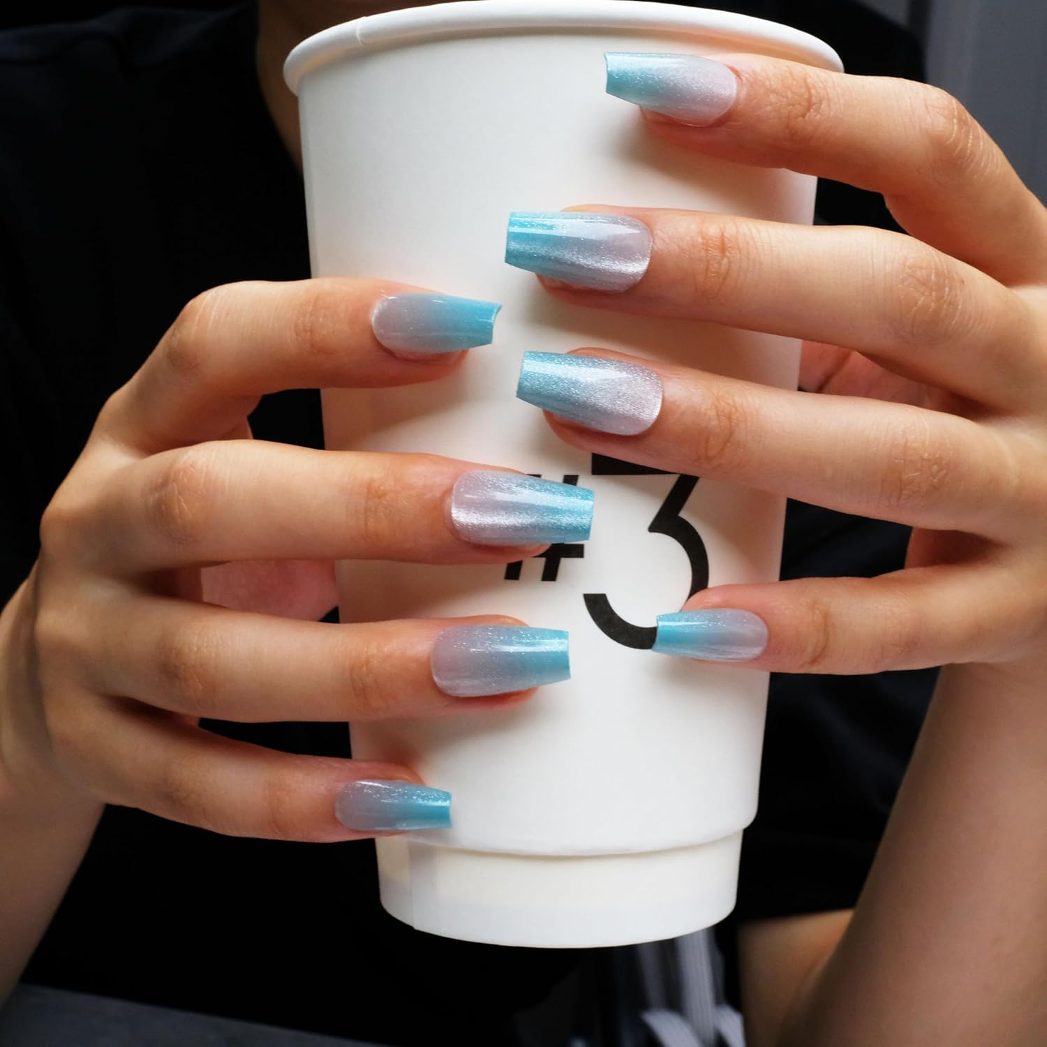 Glossy Cat Eye Ballerina Press-On Acrylic Nails, Coffin Style (Blue) (Blue, S) image number 2