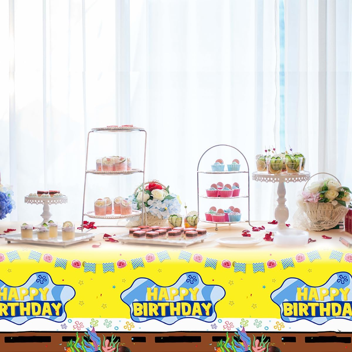 JU XIN 2Pcs Yellow Sponge Party Tablecloth |70.8 X 42.5 Inch| Yellow Sponge Birthday Party Supplies image number 1