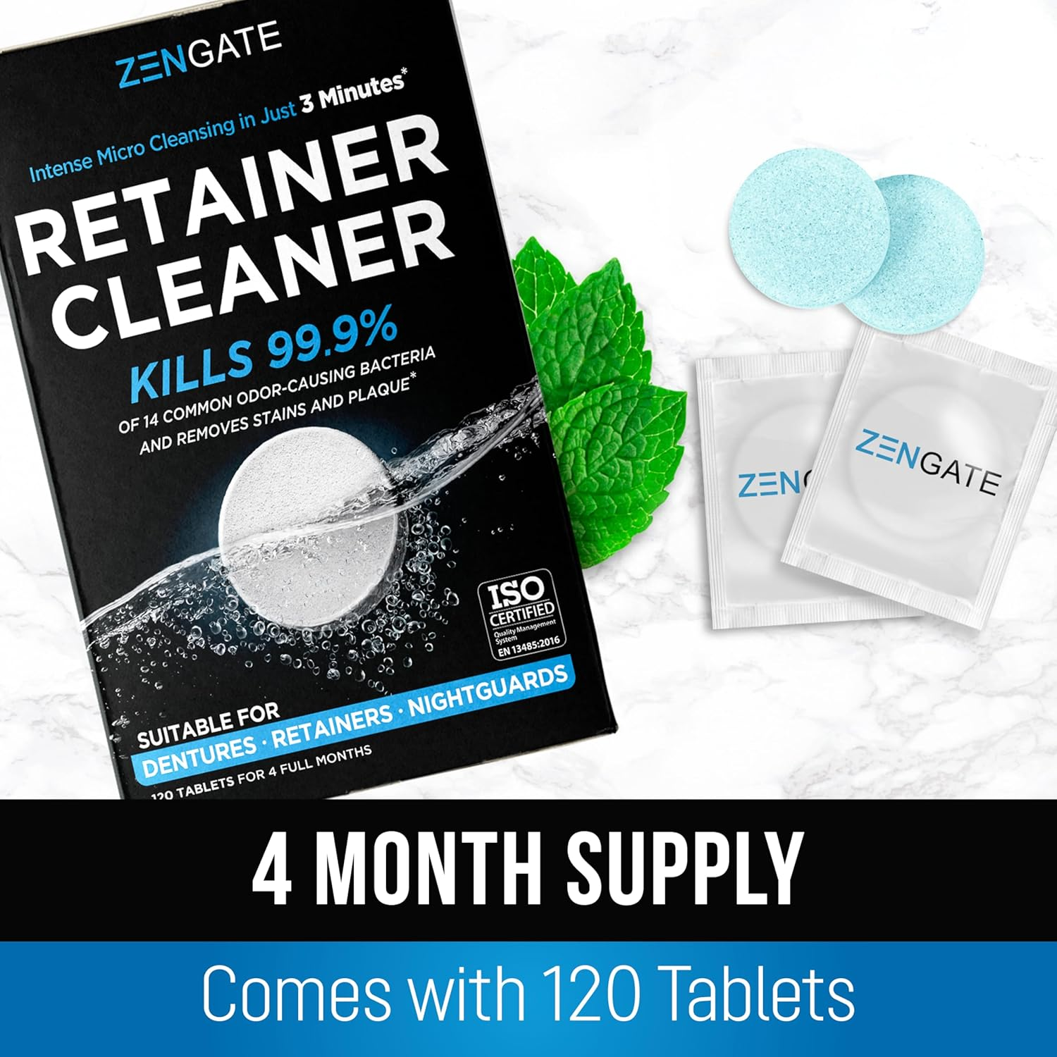 ZENGATE Retainer Cleaner Tablets - Quick 3-Minute Clean for Dentures, Mouth Guards, Aligners, and Night Guards - 120 Dental Cleansing Tablets - FSA HSA Approved Dental Appliance Cleanser image number 1