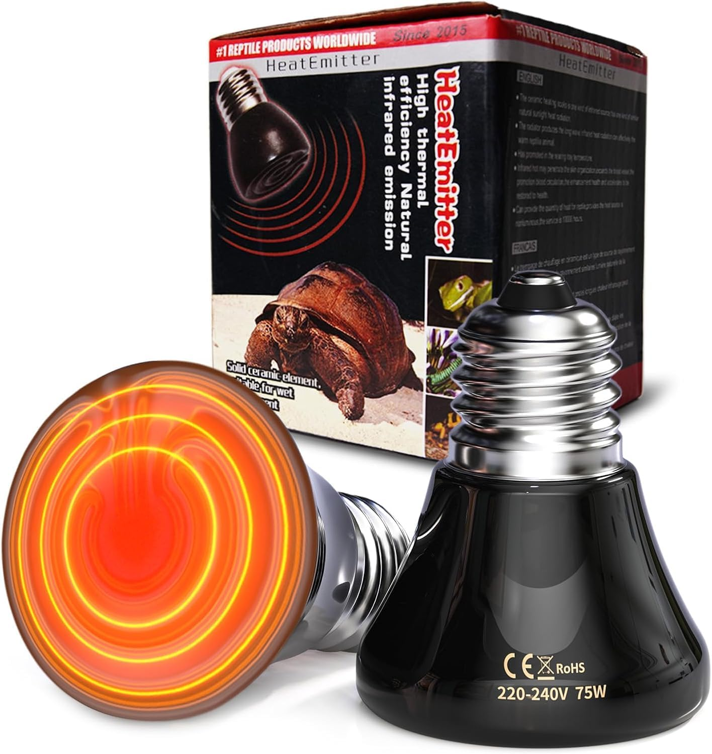 Glowup 75W Reptiles Heat Lamp Bulb,No Light Ceramic Heat Emitter,E27 Black Heatbulb for Reptiles,Ceramic Heat Bulb for Tortoise/Bearded Dragon/Lizard/Snake/Puppies/Aquarium-2Pack
