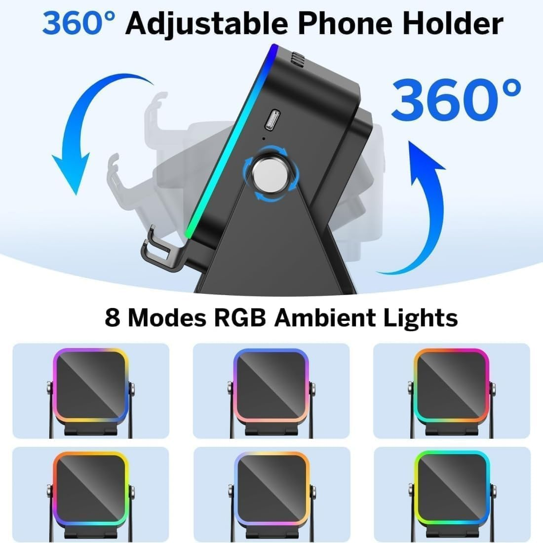 Willedup 5-In-1 Wireless Induction Bluetooth Speaker, with Adjustable Phone Stand, 360&deg; Adjustable Holder, RGB Ambient Light Fast Connect (White) image number 3