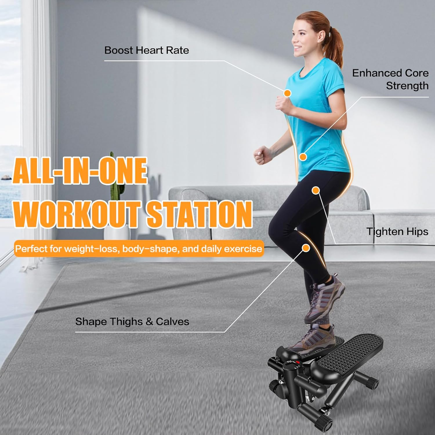 Steppers for Exercise, Stair Stepper with Resistance Bands, Mini Stepper with 300LBS Loading Capacity, Hydraulic Fitness Stepper with LCD Monitor image number 2