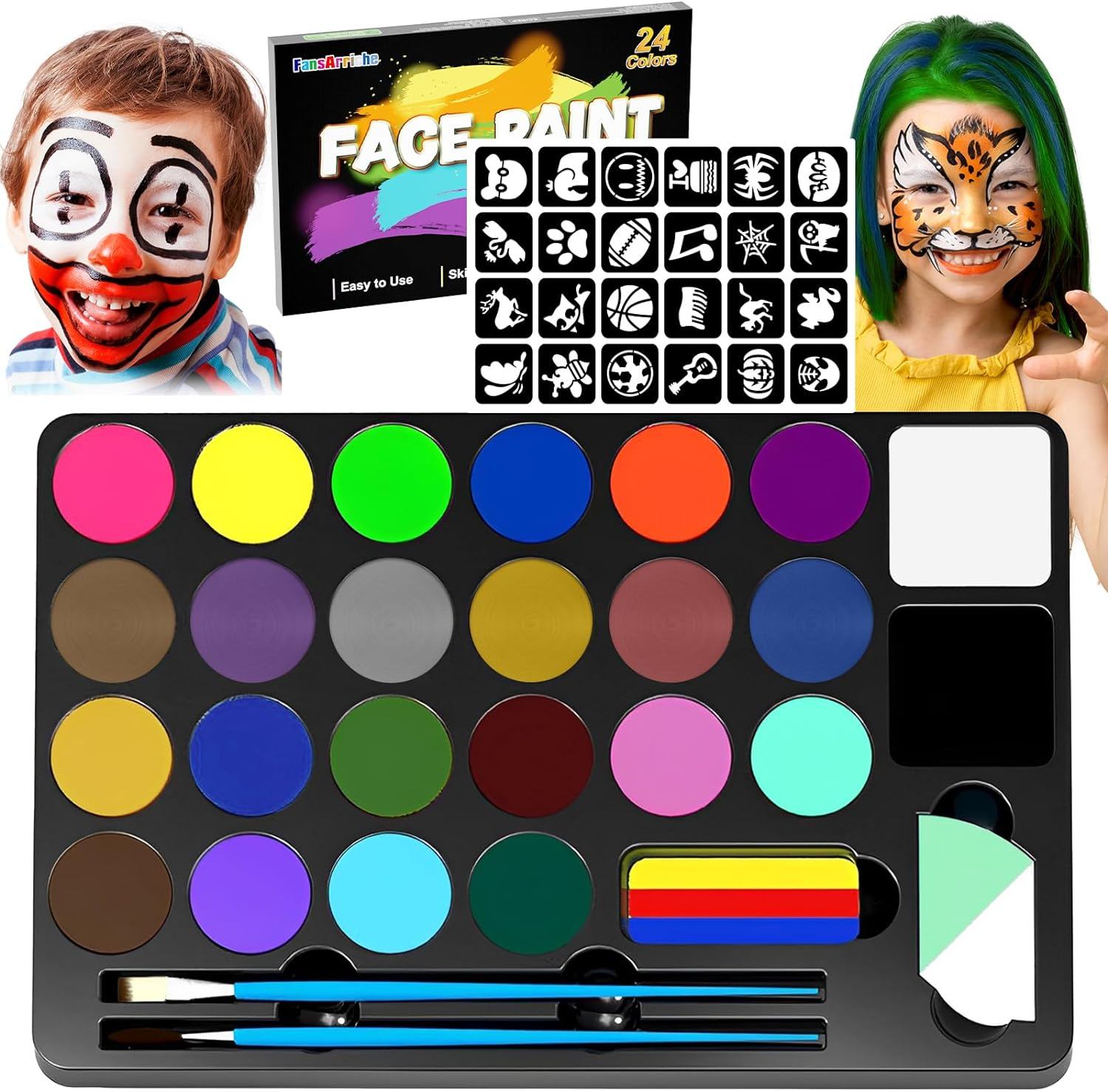 Face Painting Kit for Kids, 24 Colours Washable Face Painting Kit with Stencils, Professional Body Face Paint 24 Stencils, Sponge, for Party, Christmas, Body Paint, Makeup Kit image number 3