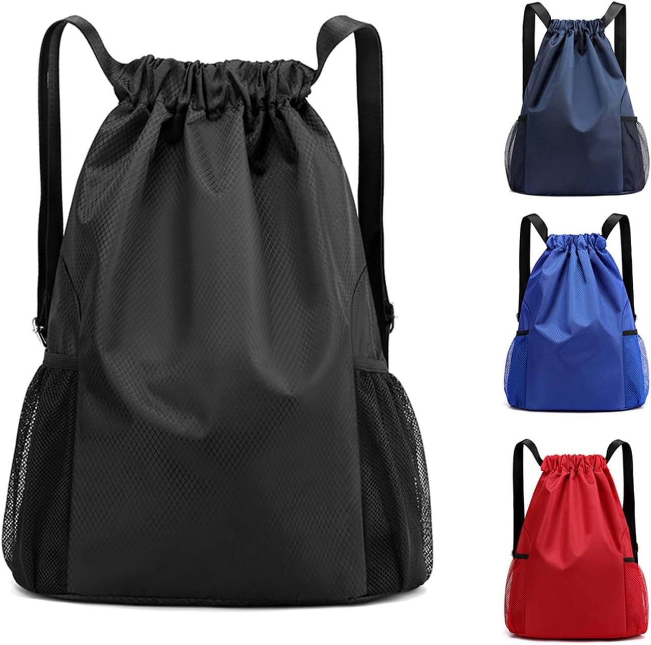 Drawstring Backpack, Water Resistant Lightweight Drawstring Bag with Inner Pocket, Side Mesh Pockets, for Women Men Sports Basketball Travel Camping