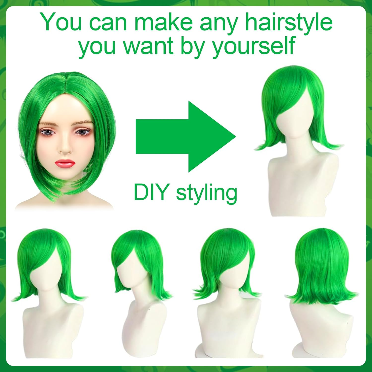 Short Green Wig, Green Wigs with Green False Eyelashes, Purple Scarf and Earrings, Women'S Green Wig Short, Disgust Anime Cosplay Wigs for Halloween Costume Carnival Theme Party image number 1