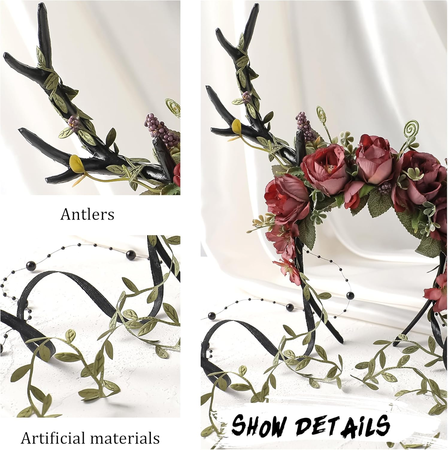 MOSTORY Flower Reindeer Headband for Women - Floral Antler Headpiece Woodland Deer Horns Hairband for Renaissance Cosplay - Black-Red image number 2
