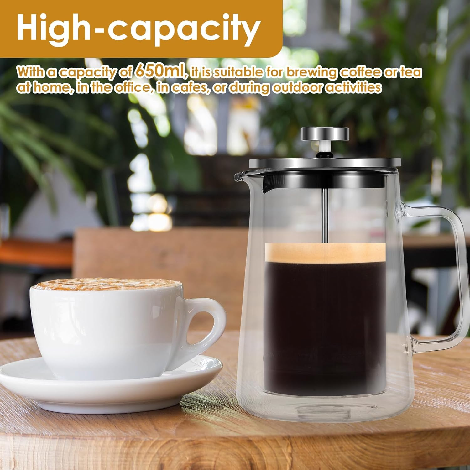 ZLHETWT French Press Coffee Maker, 650Ml, Clear Glass, Double Wall, Easy to Clean, Coffee, Tea, Espresso, Cold Brew, Latte, Cappuccino - 1000Ml image number 5