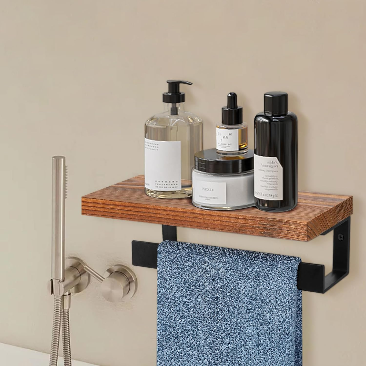 Winmien Hand Towel Holder/Towel Ring with Wooden Shelf, Premium Metal Hand Towel Rack, Hand Towel Hanger for Bathroom, Bathroom Accessories Wall Mounted (Matte Black, 9 Inch) image number 1