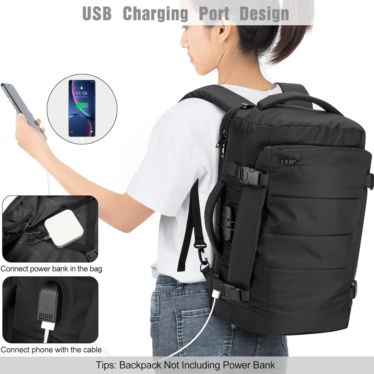 Tzowla Travel Laptop Backpack for Men Women Carry on Flight Approved, 40L Large Capacity Water Resistant anti Theft Backpacks with USB Port,Business Causal Daypack Bag Fit 17.3"Computer/Notebook - Black  Navy Blue(Backpack With 3 Packing Cubes) image number 5