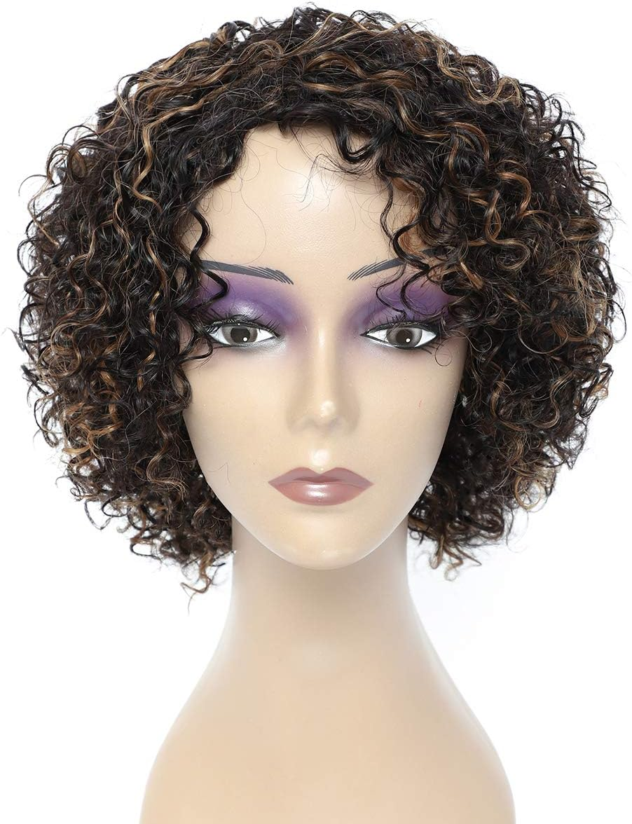 HUA Kinky Curly Short Wigs for Black Women Human Hair Chocolate Brown Mix Medium Auburn Curly Human Hair Wigs for Black Women Glueless 4/30 Color Short Wigs for Women