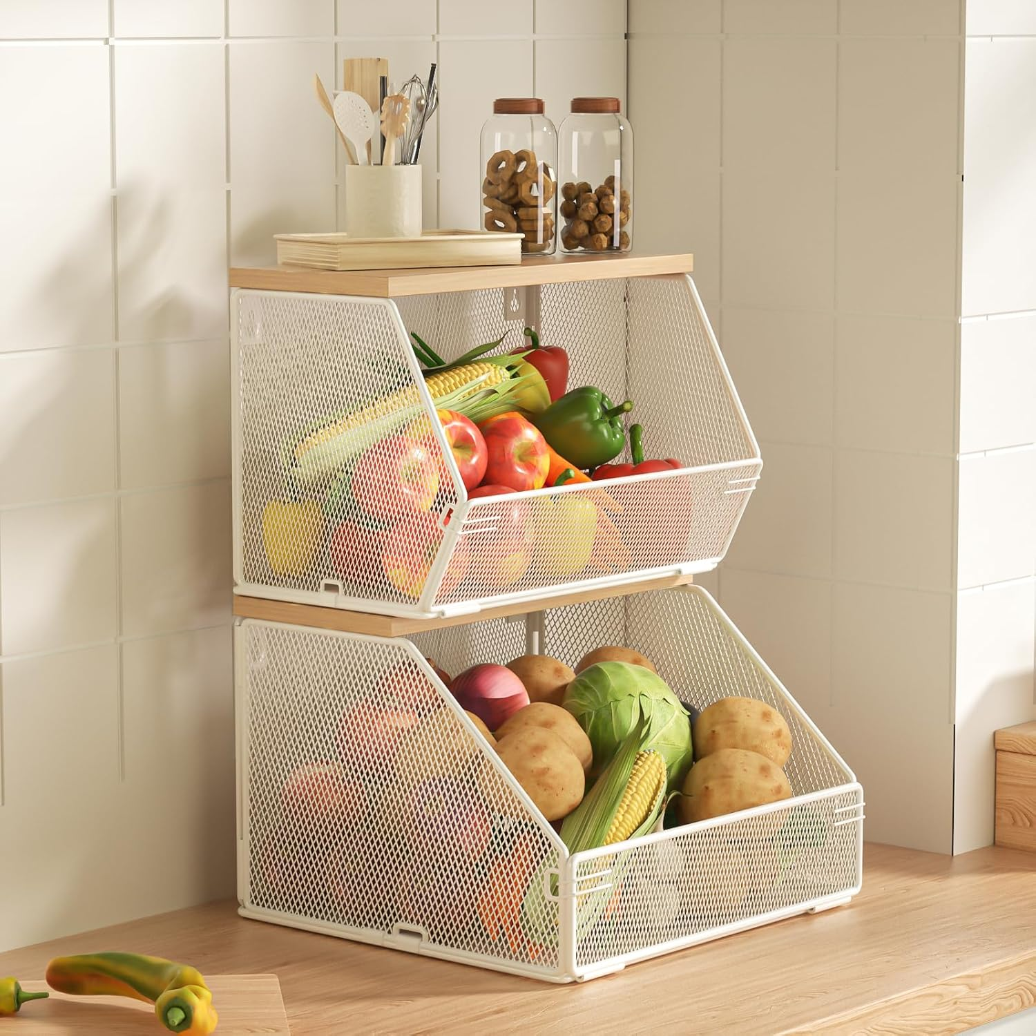 Fruit Basket for Kitchen Wire Baskets with Wood Lid, Wall Mounted Produce Basket for Fruit and Vegetable, Stackable Countertop Onion and Potato Storage, 7.1"W & 11.1"W Kitchen Counter Organizer image number 3