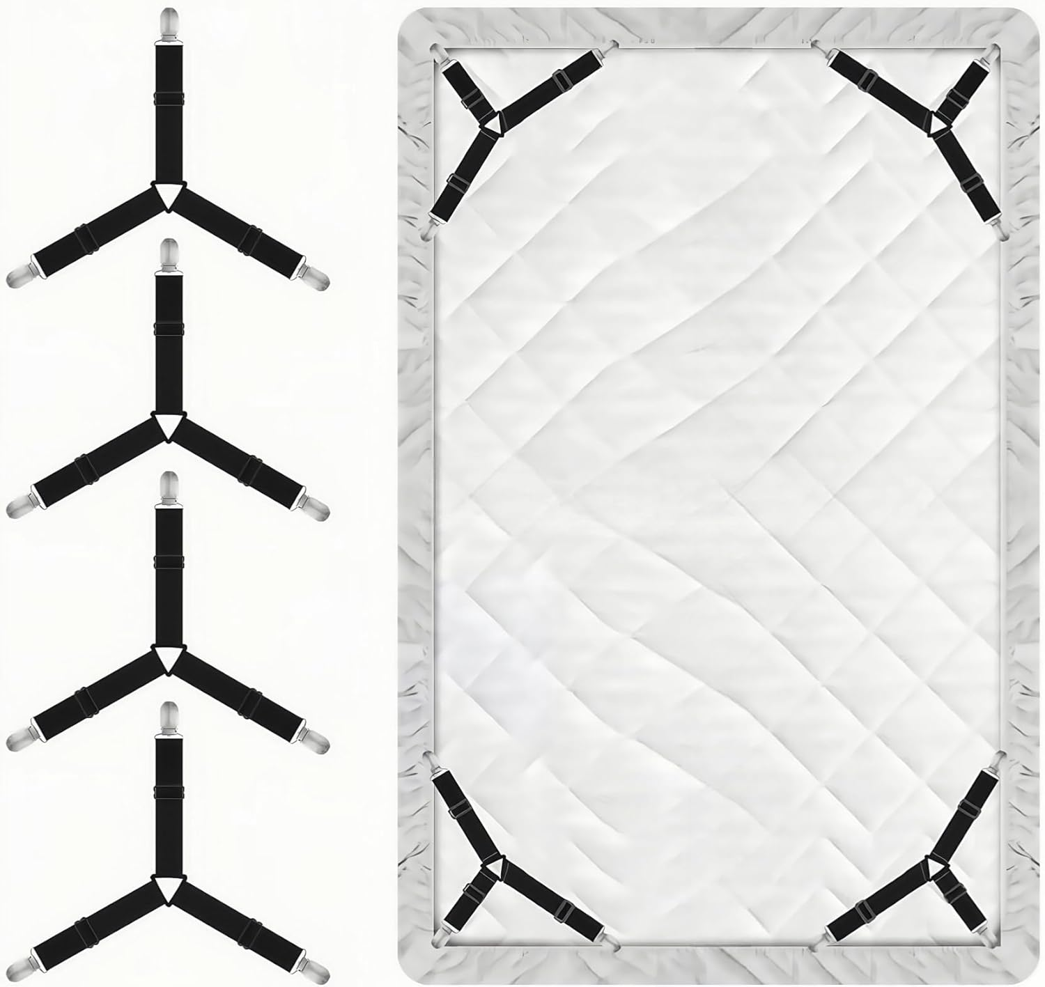 Bed Sheet Straps, Holder & Fasteners Set of 8- Keep Fitted Sheets Firm & Tight with Heavy-Duty Elastic Straps for Twin, Queen, King Size - Ideal Bedroom Accessories (Black & White) image number 5
