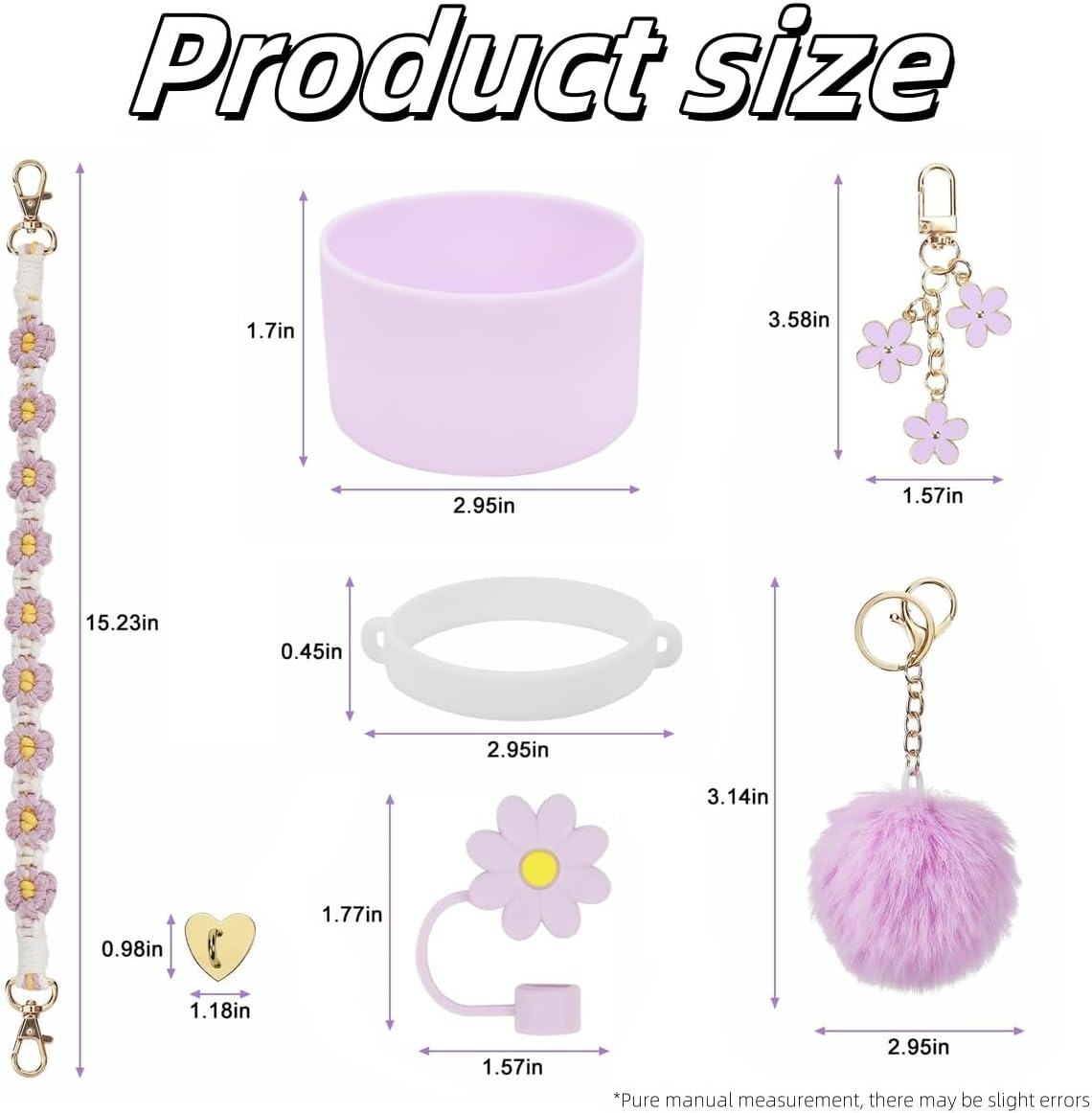 Stanley Cup Accessories Set, Siliocne Stanley Cup Boot, Stanley Charms Silicone Reusable Cup Accessories Includes Siliocne Cup Boot Straw Cover Pompom Ball Daisy Key Chain Heart Hook (Purple)