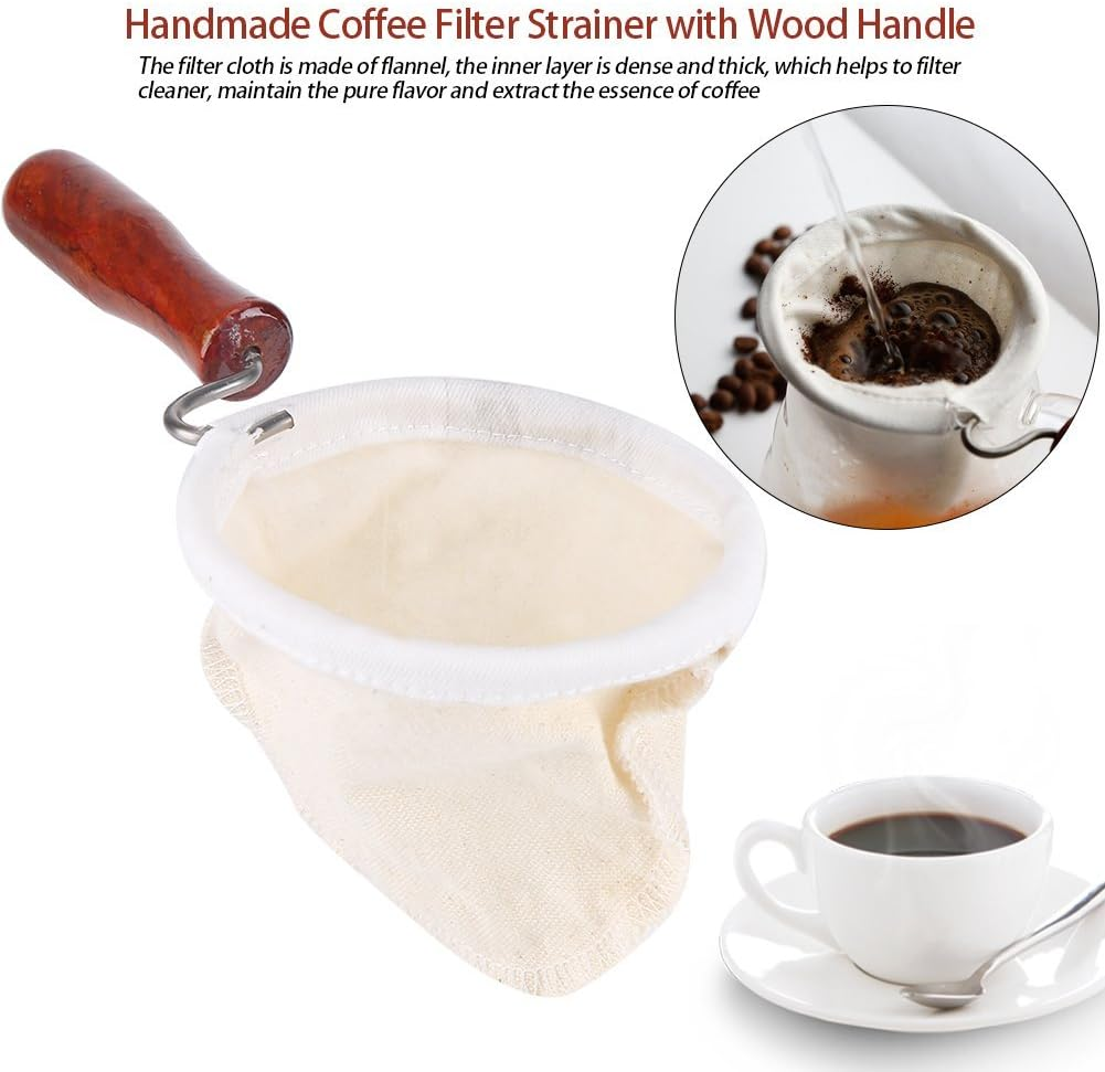 Coffee Filter Handmade Reusable Cafe Flannel Cloth Filter Bag Coffee Sock with Wooden Handle Small Beige image number 6