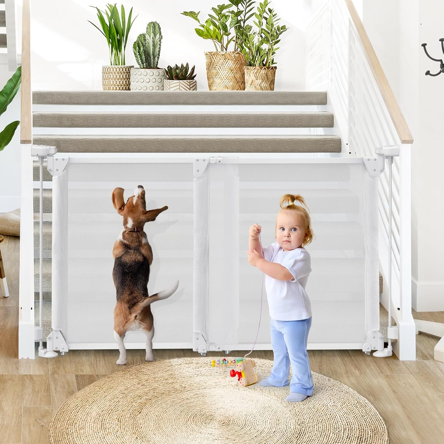 Foldable Baby Gate, Adjustable Baby Gates for Doorways, Dog Gate Adjustable Width 80 to 140Cm, 75Cm Tall Pet Gate One Handed Operation, Mesh Safety Gate for Stairs/Hallways/Outdoor/Indoor image number 1