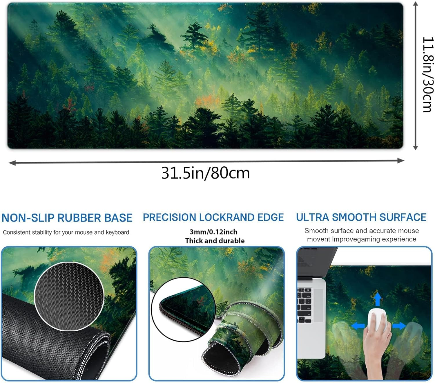 Galdas Mouse Pad,Office Desk Mat Large Gaming Keyboard Pad Durable Stitched Edges Washable Smooth Surface Control & Accuracy Extended Computer Mouse Mat (31.5X11.8In)-Green Forest&hellip;