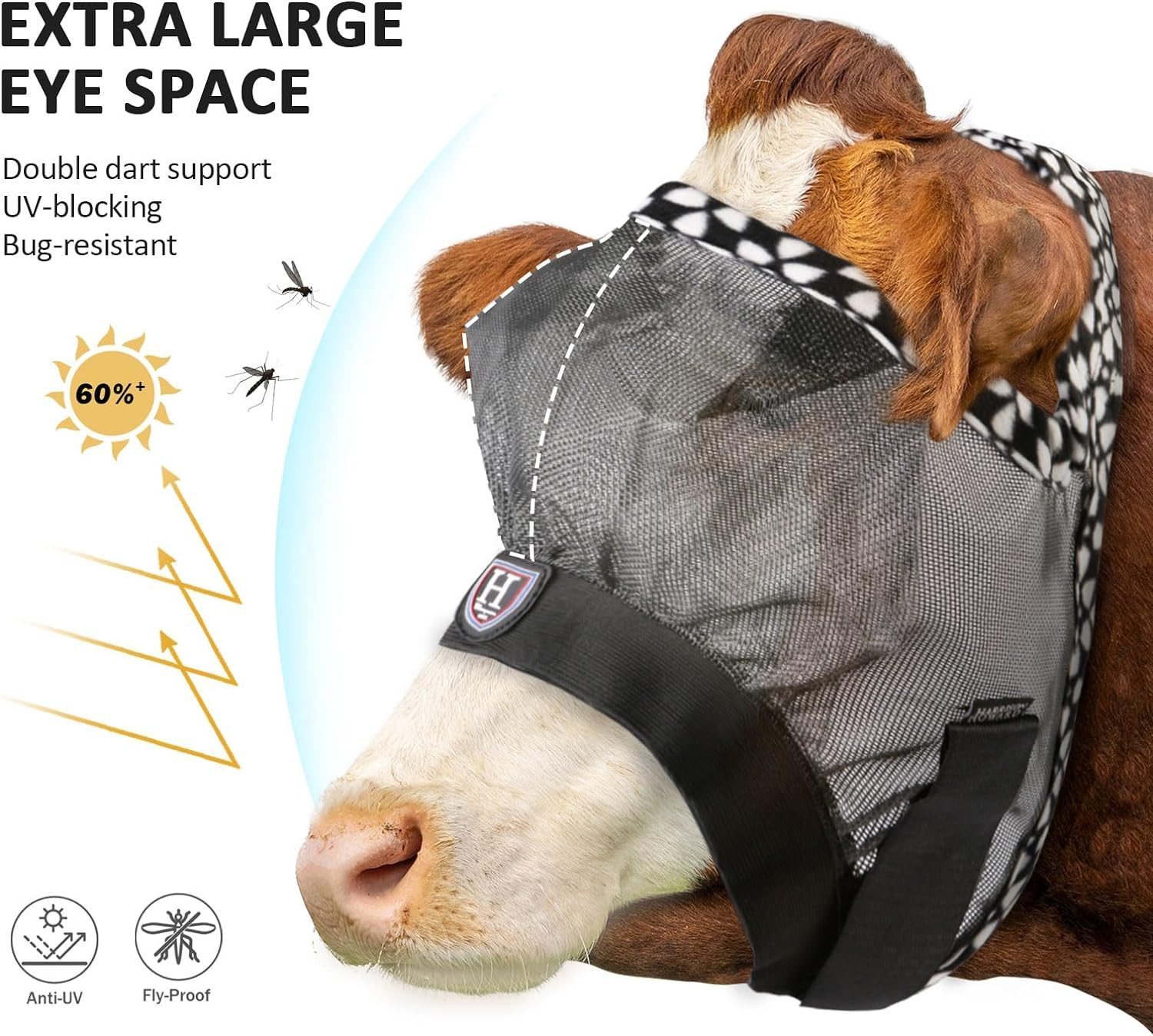 Harrison Howard Cattle Livestock Fly Mask Breathable Mesh Padded Edging with Fun Patterns Large Spacing Forelock Opening Design Adjustable Fit for Cattle Deep Grey - Deep Grey image number 3