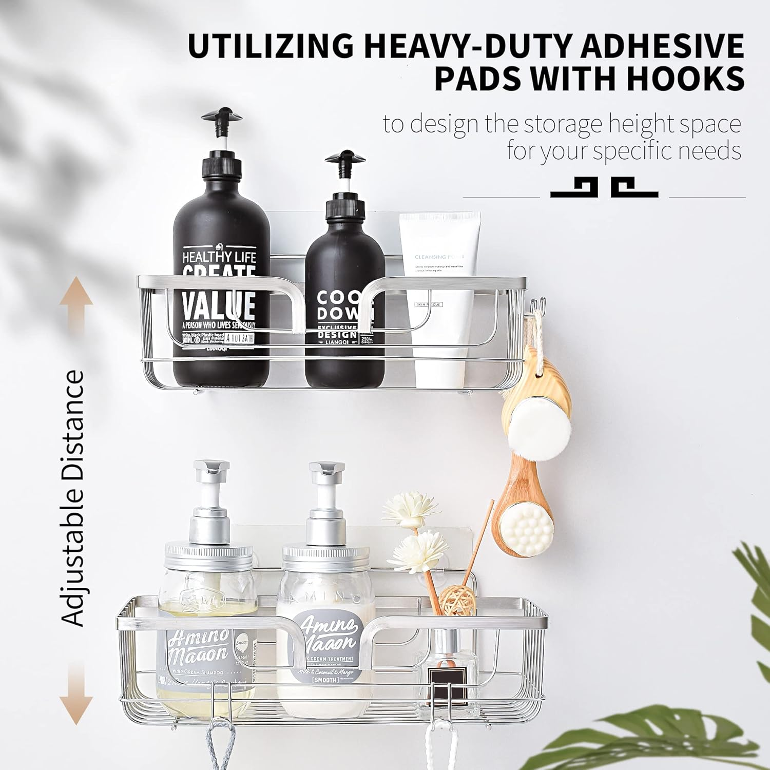 YOHOM Adhesive Shower Caddy Shampoo Holder Organizer with Hooks Shower Wall Shelf Storage Basket Stainless Steel 2 Pack Silver image number 2