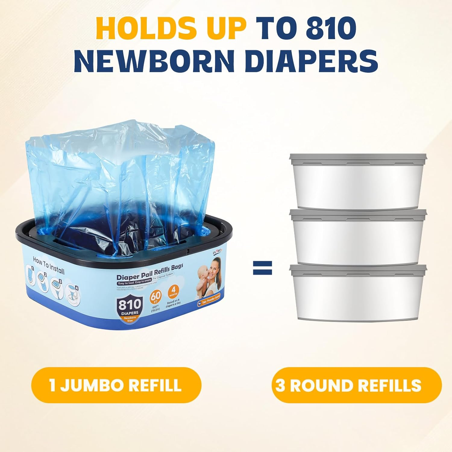 Jumbo Square Refills Disposal Bags Refill Compatible with Diaper Genie Compact and Select Pails (Not Fit Classic Version Pails), Hold up to 810 Newborn-Sized Diapers per Refill, 4 Packs image number 5