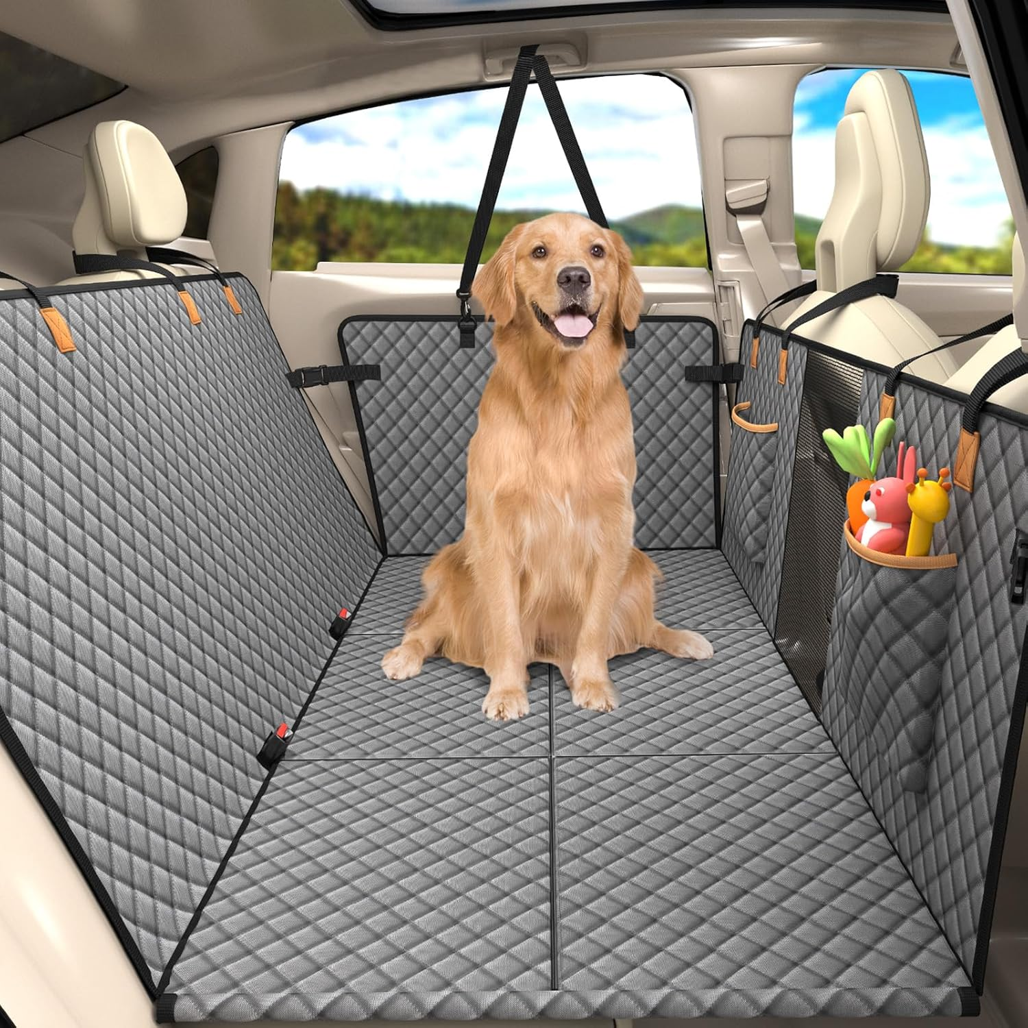 Lekereise Dog Car Seat Cover for Back Seat,Hard Bottom Dog Hammock for Car,Camping Air Mattress, Hammock Travel Bed for Car SUV Truck (Grey) image number 1