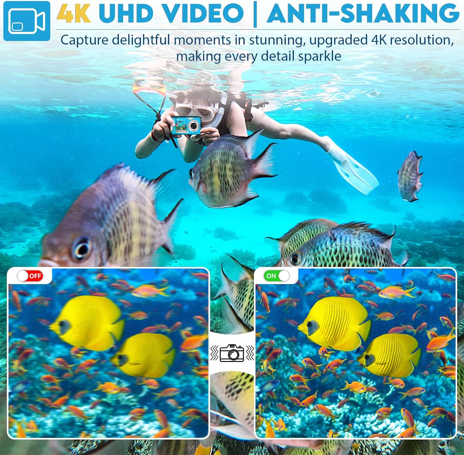 64MP Underwater Camera with 64GB Memory Card, 4K Waterproof Camera with Autofocus and Selfie Dual Screens, 5 Meter Waterproof Digital Camera, Kids Underwater Camera for Snorkeling (2 Batteries) image number 1