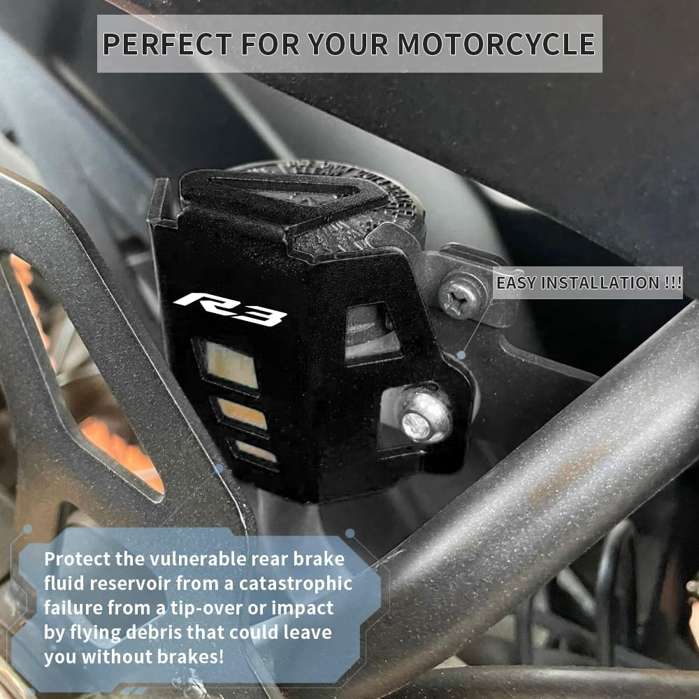 Motorcycle Rear Brake Fluid Reservoir Pump Oil Cap Guard Cover Compatible with YAMAHA YZF R3 2015-2023 2024 | Gas Tank Protectors YZF-R3 YZFR3 Accessories (Black) image number 3