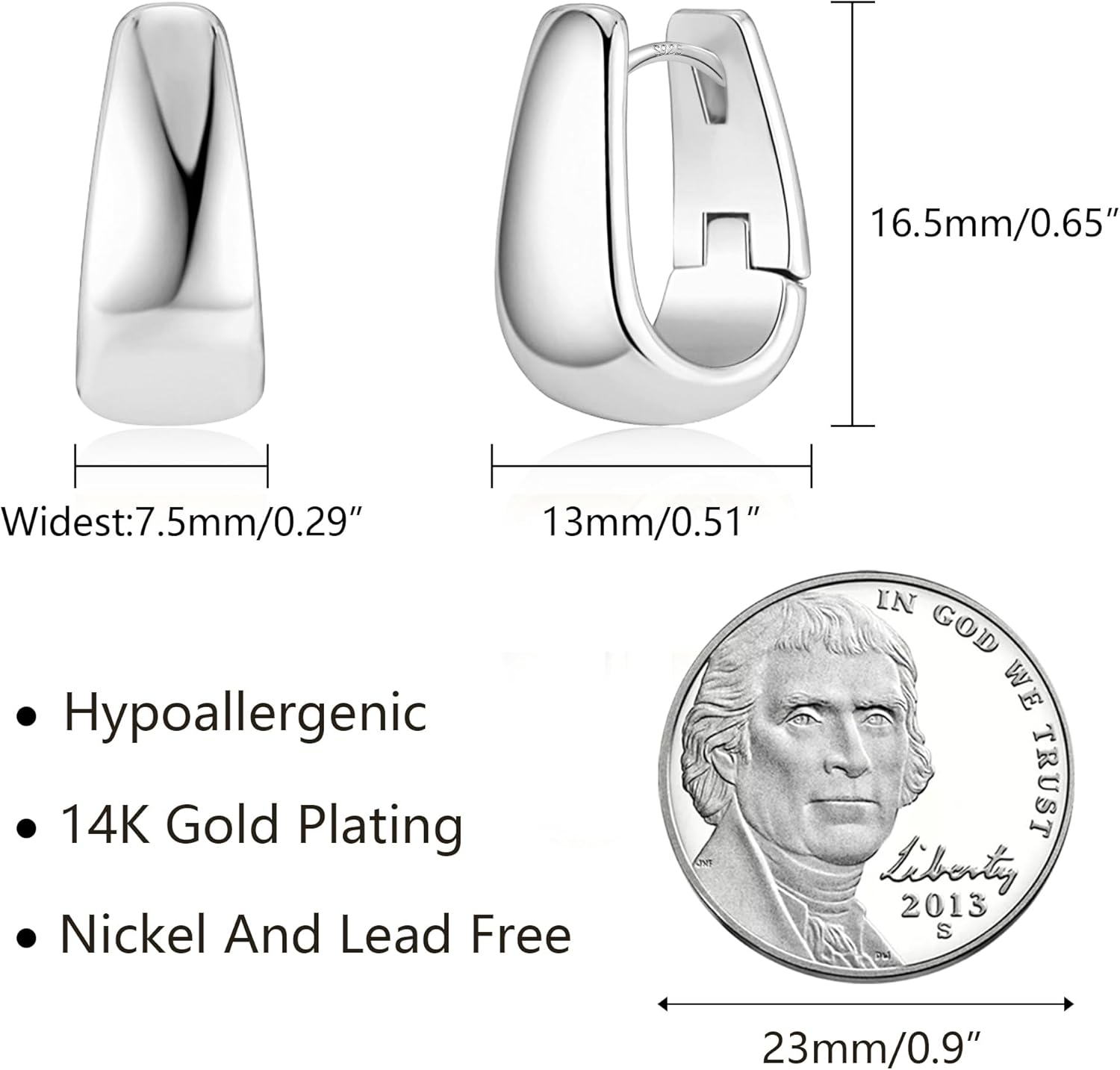 925 Sterling Silver Earrings Small Chunky Silver Earrings for Women 14K Gold Plated Small Hoop Earrings Silver Hypoallergenic Earrings Small Thick Huggie Hoops Earrings image number 2