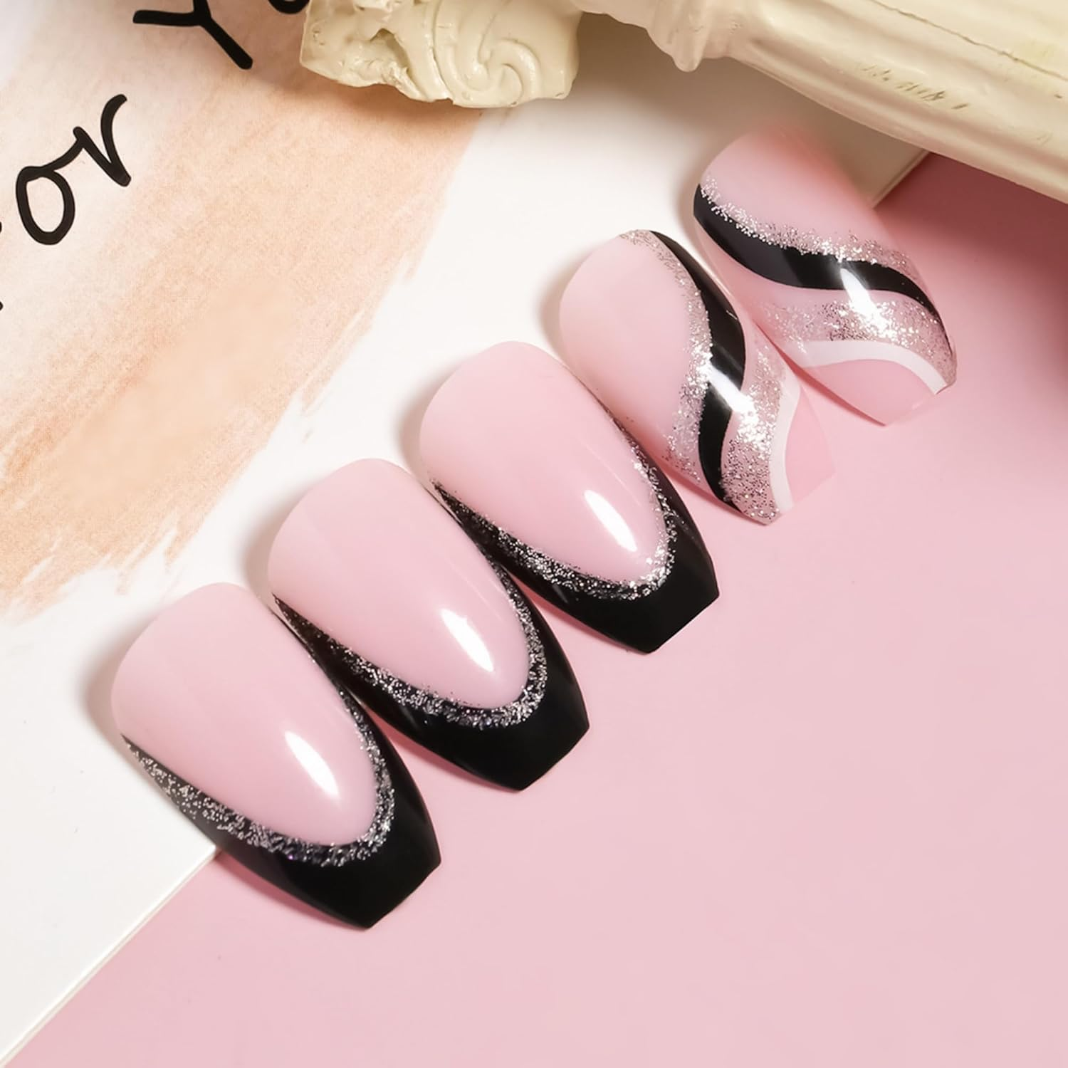 Press on Nails 24Pcs Reusable Acrylic French Full Cover False Nails W Nail Glue Women Girls Daily Decoration Nail Extension Easy DIY Black White Waves - Almond Nails-Burgundy Gradient image number 4