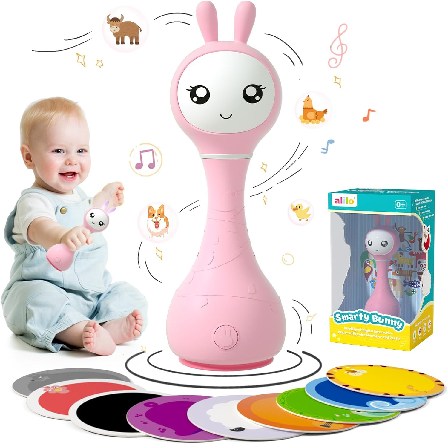 Alilo Smarty Bunny Baby Musical Rattle Toys for Infant 0-6-12-24 Months, Christmas Gift for Boys Girls, with 66 Rattle Sound Effects,16 Nursery Rhymes,13 Stories, 5 Soothing Music White Noise Pink