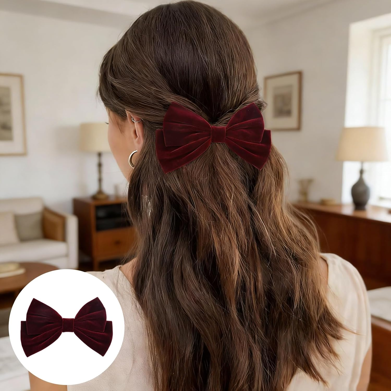 3 Pieces Velvet Bow Hair Clips, Vintage Hair Bows Barrettes Solid Color, Velvet Ribbon Bowknot French Barrettes Hair Accessorieshair Styling Clips for Girls Women (Red, Burgundy, Black) image number 4