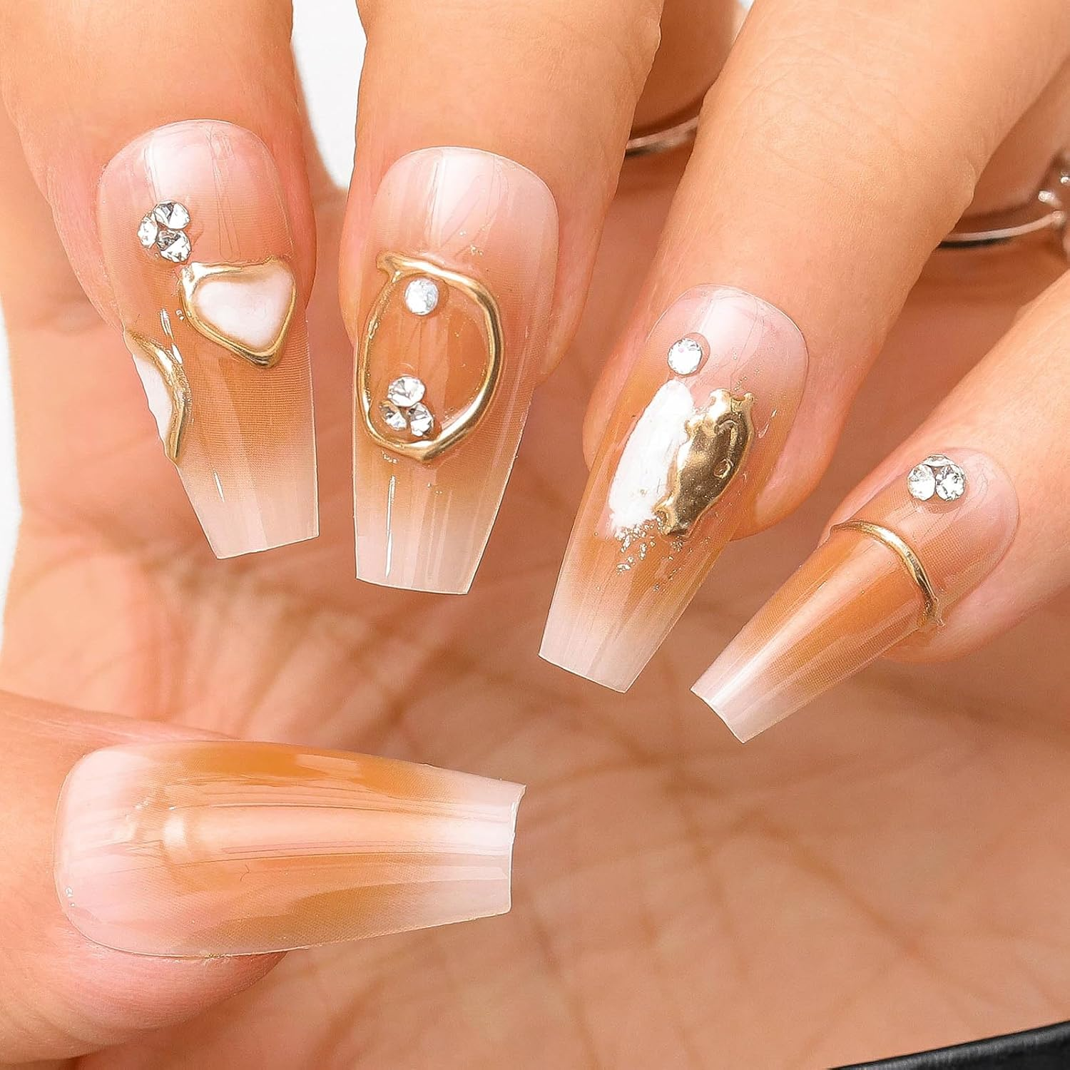 Sethexy Brown Long Coffin Nails Print Colour Gradient Glitter Shiny False Nails with Design 24 Pieces Full Cover Art False Nails for Women and Girls (10) image number 2