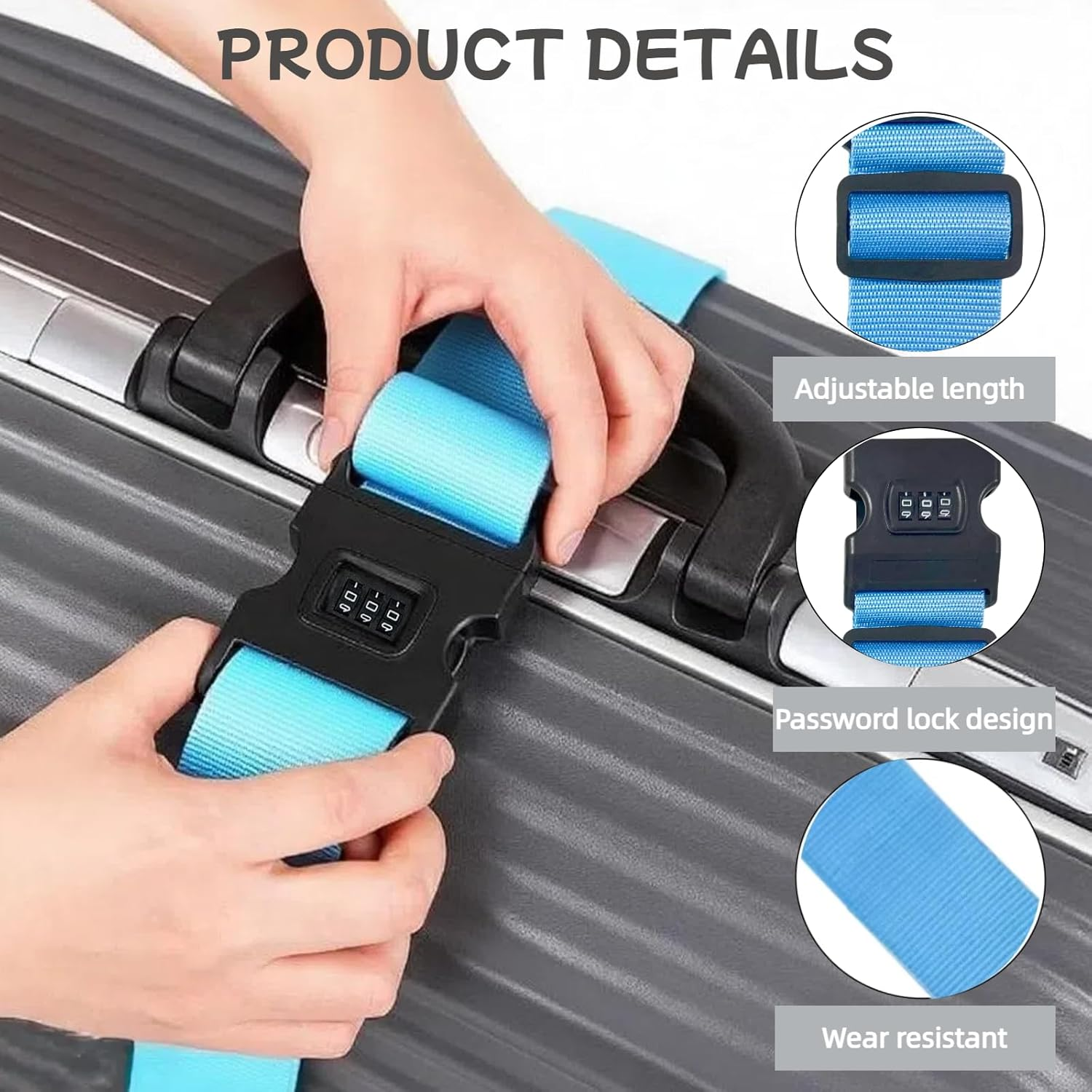 Adjustable Suitcase Strap Strap, Travel Contracts with 1-Piece Suitcase Strap with Combination Lock, 5 X 180 Cm, Safe and Durable Luggage Strap for Identification and Security (Sky Blue)
