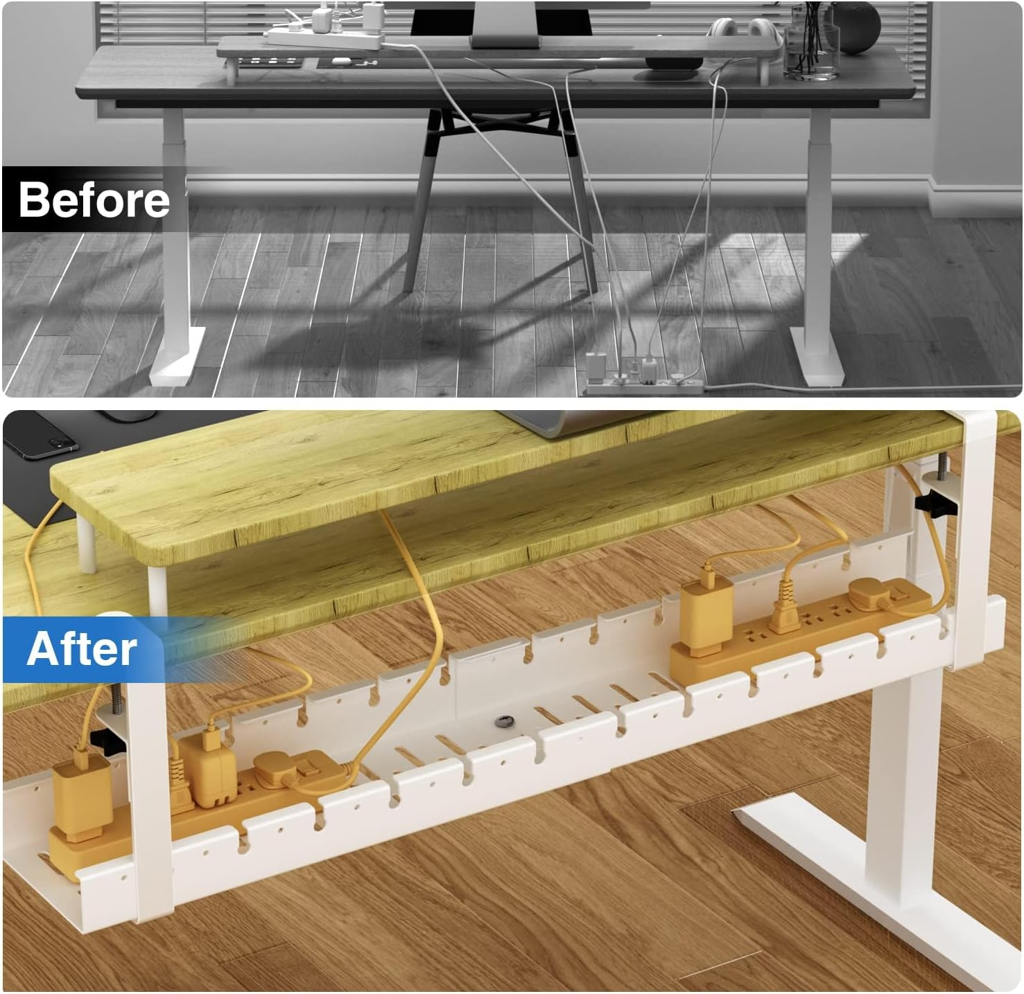 Under Desk Cable Management Tray, IGGDOQI No Drilling Extendable Cable Organizers, Wire Management Tray Cable Management Rack, Desk Cable Tray with Wire Organizer, and Desk Cord Organizer Kit (White)