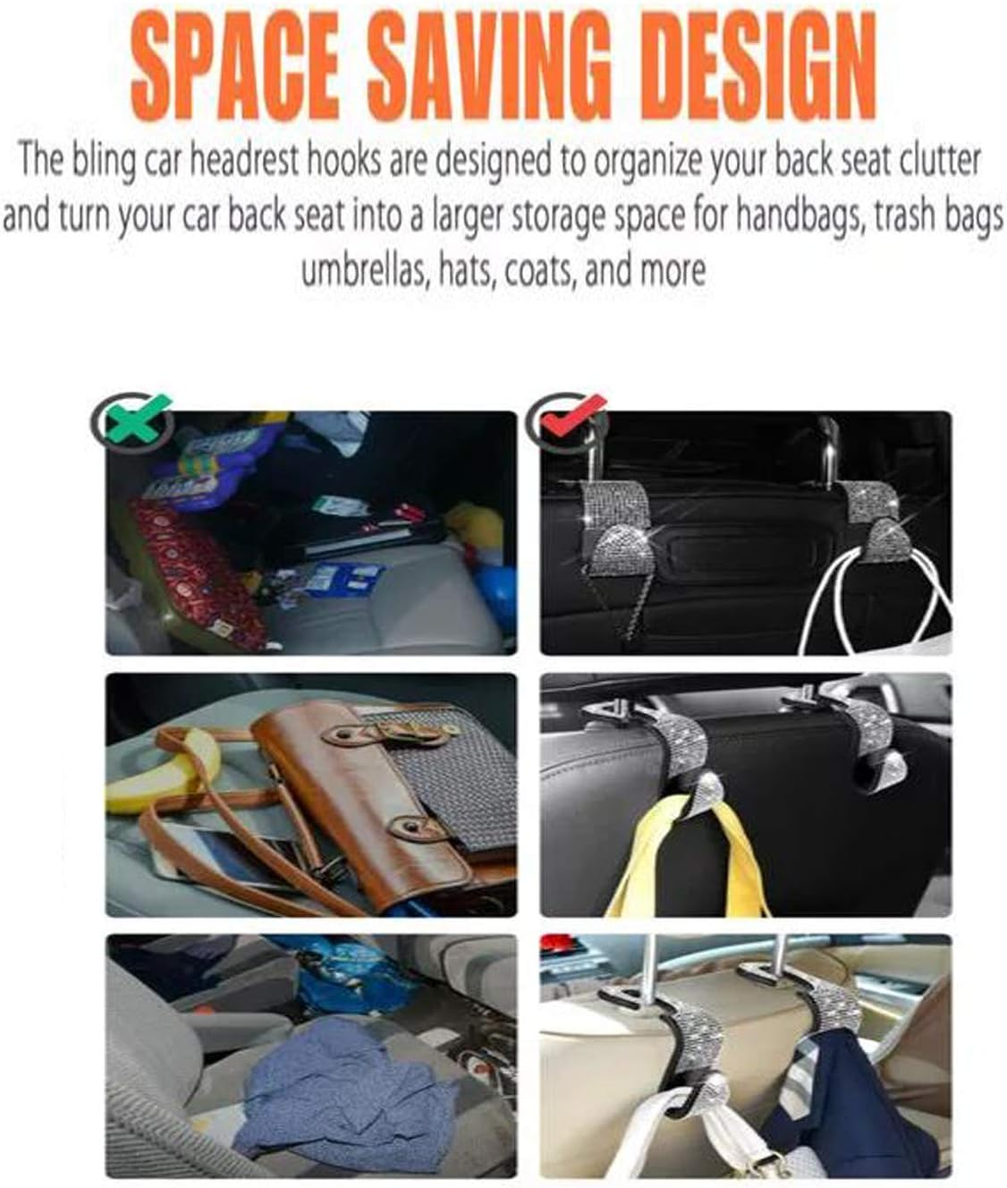 4 Car Headrest Hooks, Bling Car Seat Hanger Backseat, Bling Car Headrest Hangers, Backseat Bling Car Hooks with Rhinestone Diamond Hanger Back Seat Organizer for Vehicle. ( White Blings ) image number 1