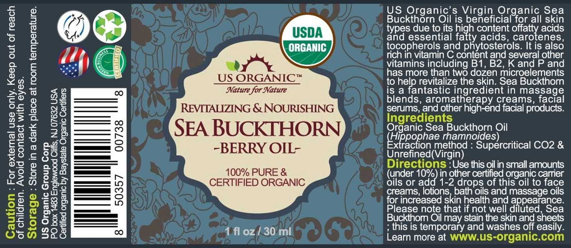 US Organic Sea Buckthorn Berry (Fruit) Oil, USDA Certified Organic,Pure & Natural, Supercritical CO2 Extracted, Virgin, Unrefined in Amber Glass Bottle (1 Oz (30 Ml)) image number 2
