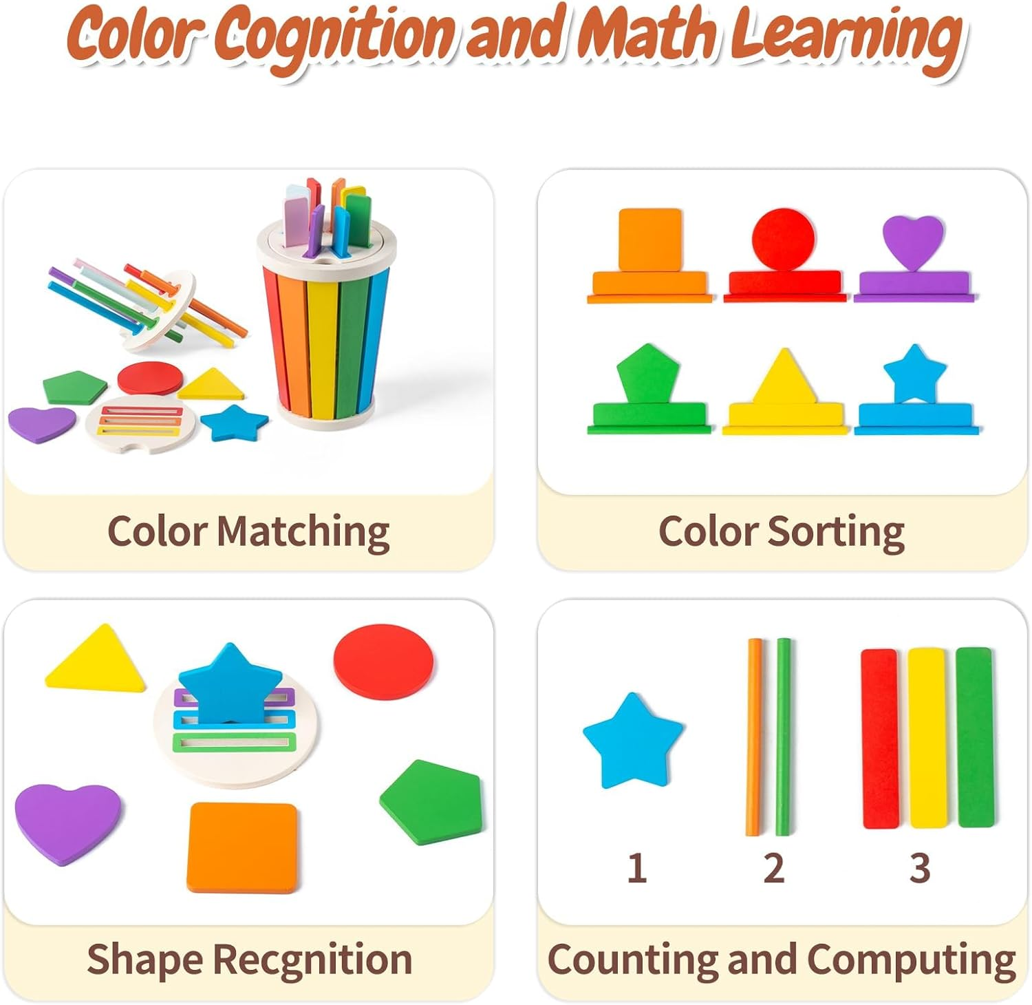 MOONKATE Wooden Montessori Sensory Color Shape Sorting Stacking Toys, Fine Motor Skills Learning Toys for Kids Toddlers image number 4