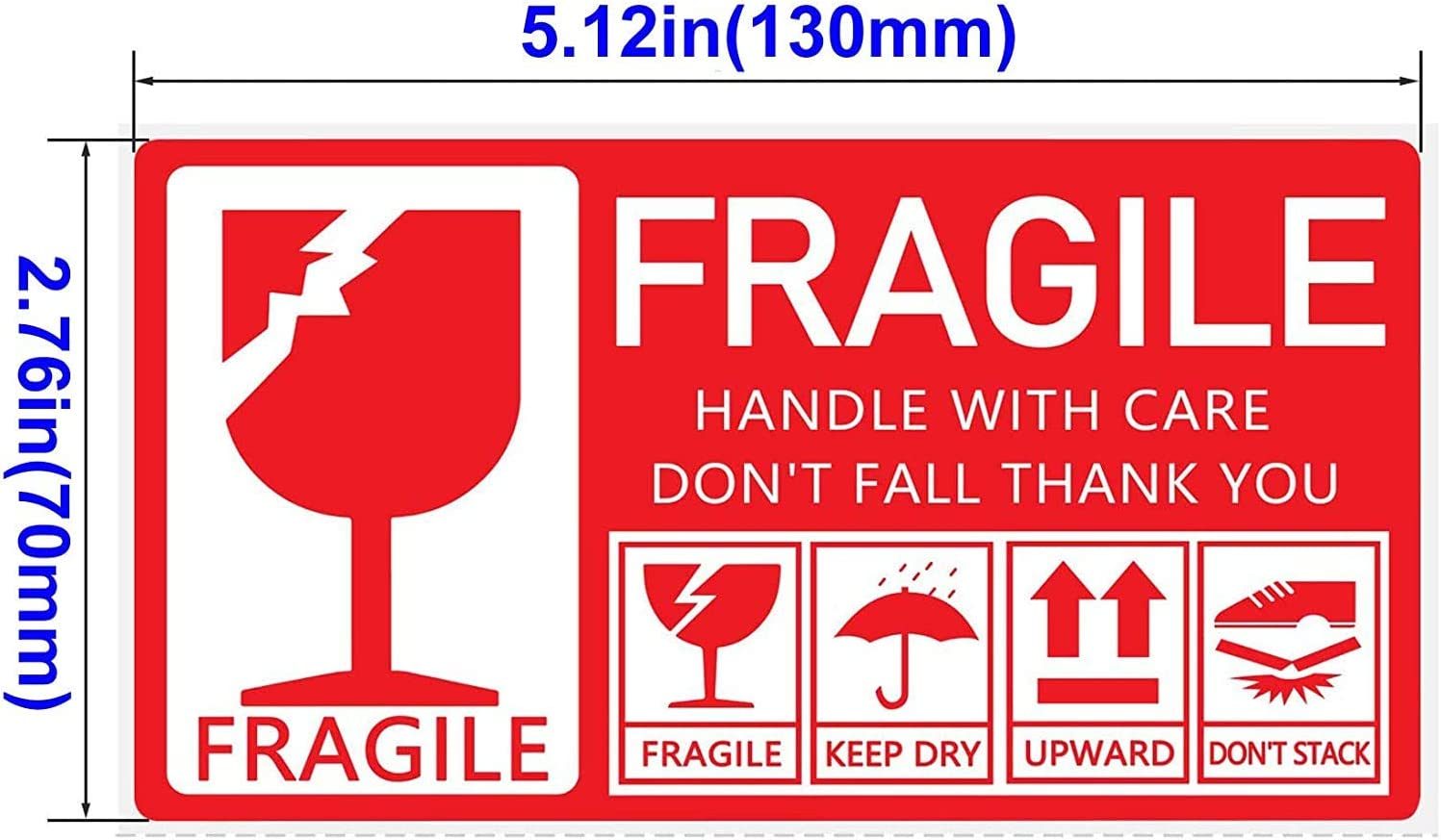 AUTENS Shipping Labels Fragile Stickers, 250Pcs 1 Roll 130 X 70Mm Labels, Warning Stickers with Notice Handle with Care Do Not Fall Thank You, Keep Dry Upward Do Not Trample (Red) image number 3